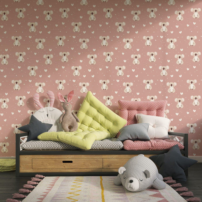 Papier peint chambre enfant à motifs | Adorables koalas sur fond rose