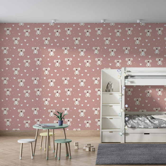 Papier peint chambre enfant à motifs | Adorables koalas sur fond rose
