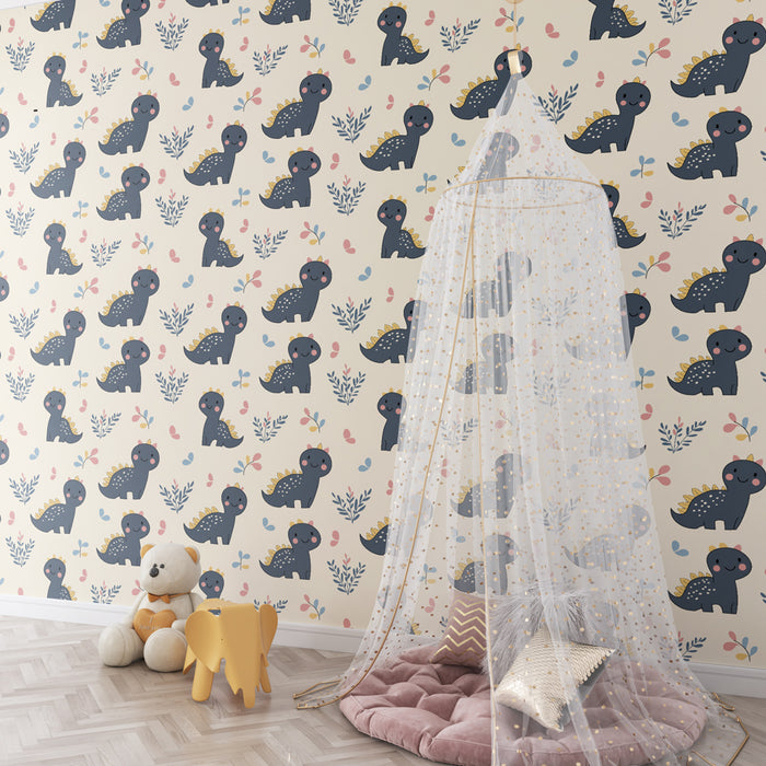 Papier peint chambre enfant à motifs | Adorables petits dinosaures et feuillages colorés