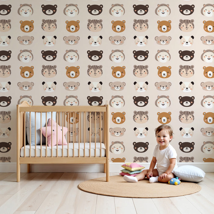 Papier peint chambre enfant à motifs | Adorables têtes d'animaux cartoon