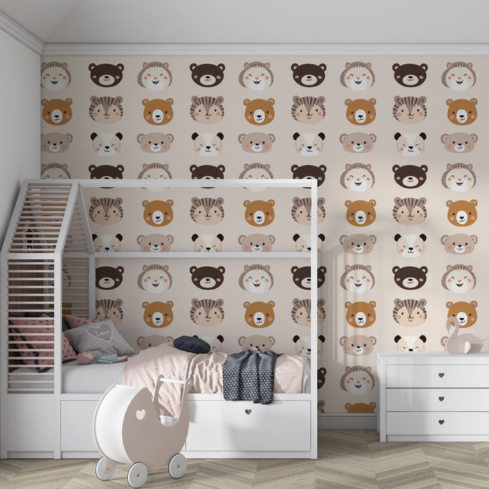 Papier peint chambre enfant à motifs | Adorables têtes d'animaux cartoon