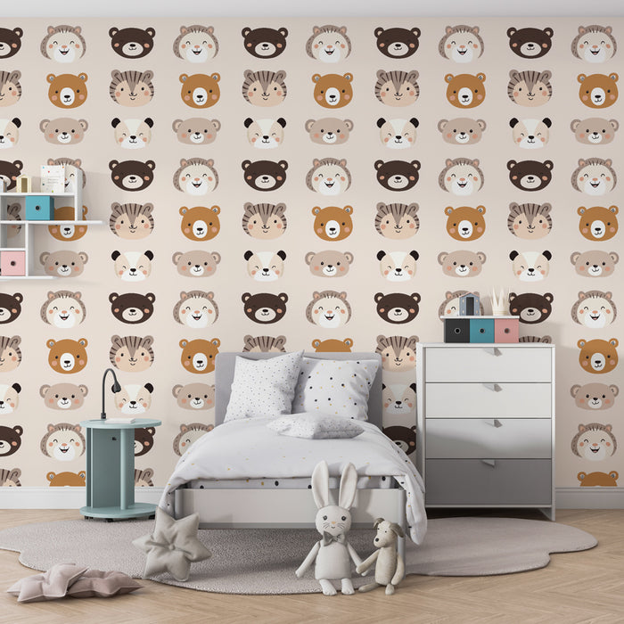Papier peint chambre enfant à motifs | Adorables têtes d'animaux cartoon