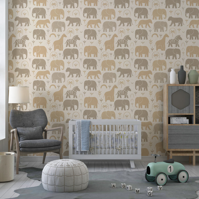 Papier peint chambre enfant à motifs | Animaux de la savane en tons doux