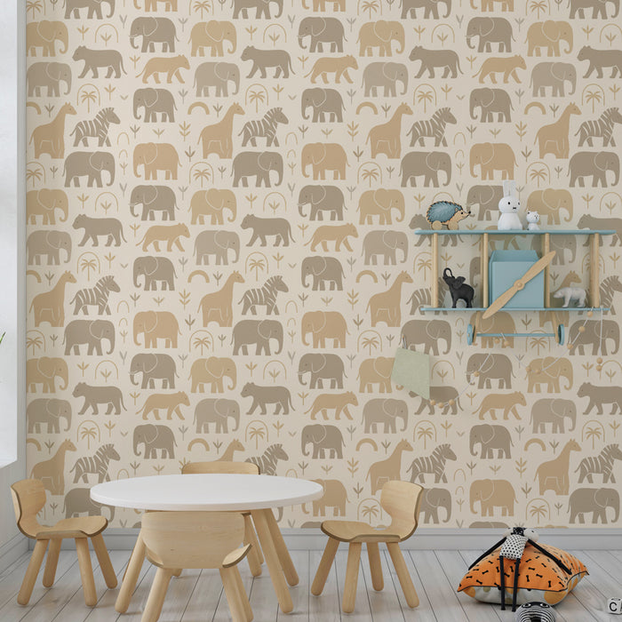 Papier peint chambre enfant à motifs | Animaux de la savane en tons doux