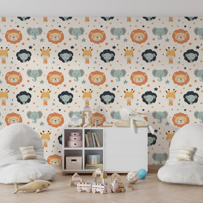 Papier peint chambre enfant à motifs | Animaux mignons et étoiles colorées