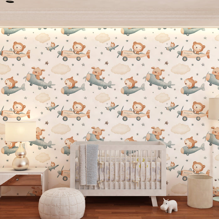 Papier peint chambre enfant à motifs | Animaux voyageant en avion