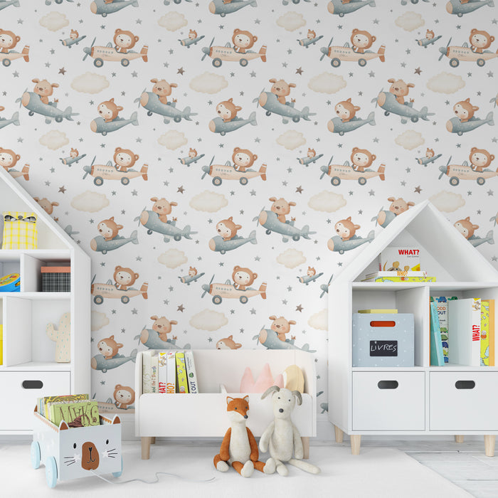 Papier peint chambre enfant à motifs | Animaux voyageant en avion