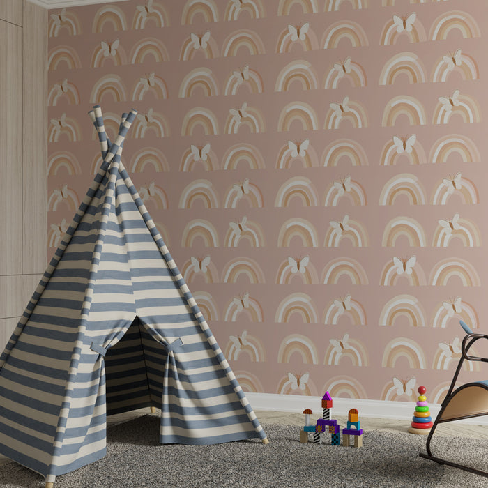 Papier peint chambre enfant à motifs | Arc-en-ciel doux et papillons délicats