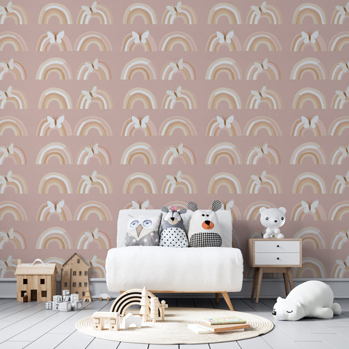 Papier peint chambre enfant à motifs | Arc-en-ciel doux et papillons délicats