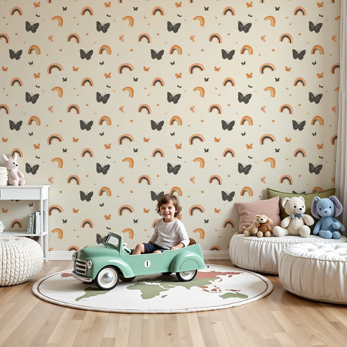 Papier peint chambre enfant à motifs | Arc-en-ciel et papillons colorés sur fond doux