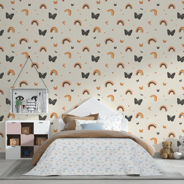 Papier peint chambre enfant à motifs | Arc-en-ciel et papillons colorés sur fond doux