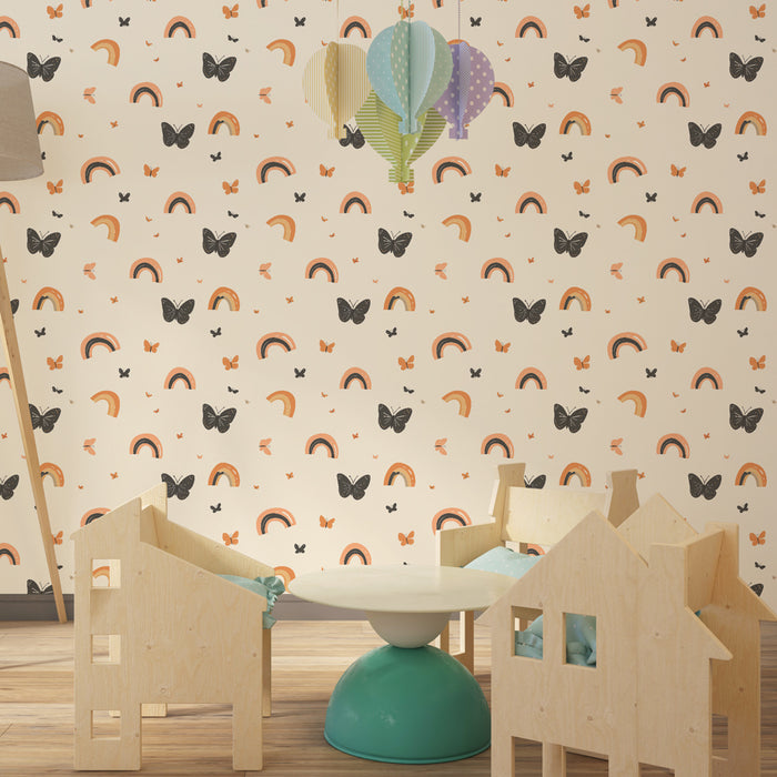 Papier peint chambre enfant à motifs | Arc-en-ciel et papillons colorés sur fond doux