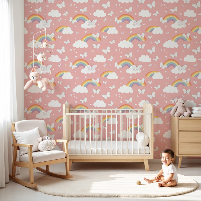 Papier peint chambre enfant à motifs | Arc-en-ciel et papillons sur fond rose