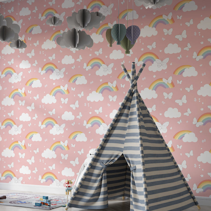 Papier peint chambre enfant à motifs | Arc-en-ciel et papillons sur fond rose