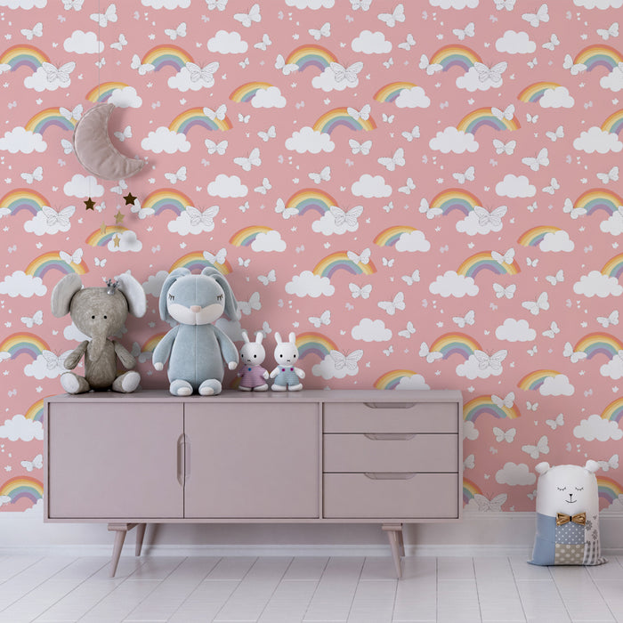 Papier peint chambre enfant à motifs | Arc-en-ciel et papillons sur fond rose