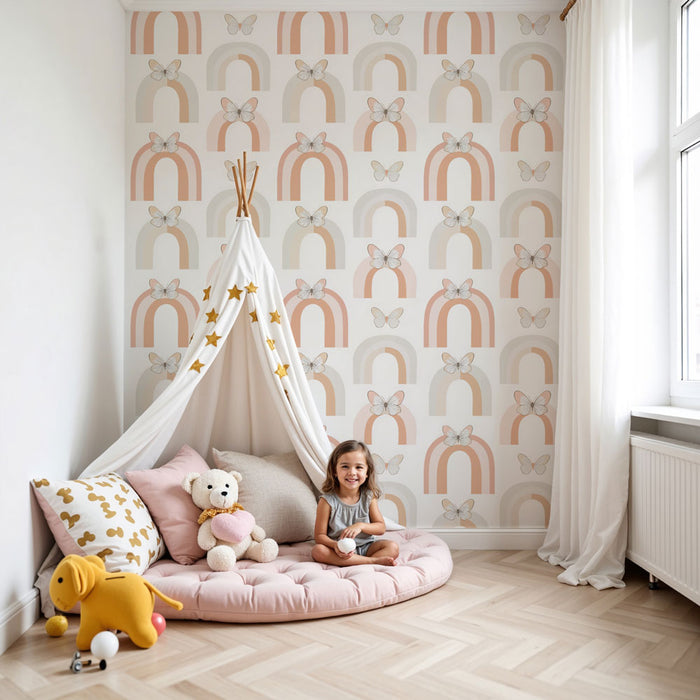 Papier peint chambre enfant à motifs | Arc-en-ciel pastel avec des papillons délicats