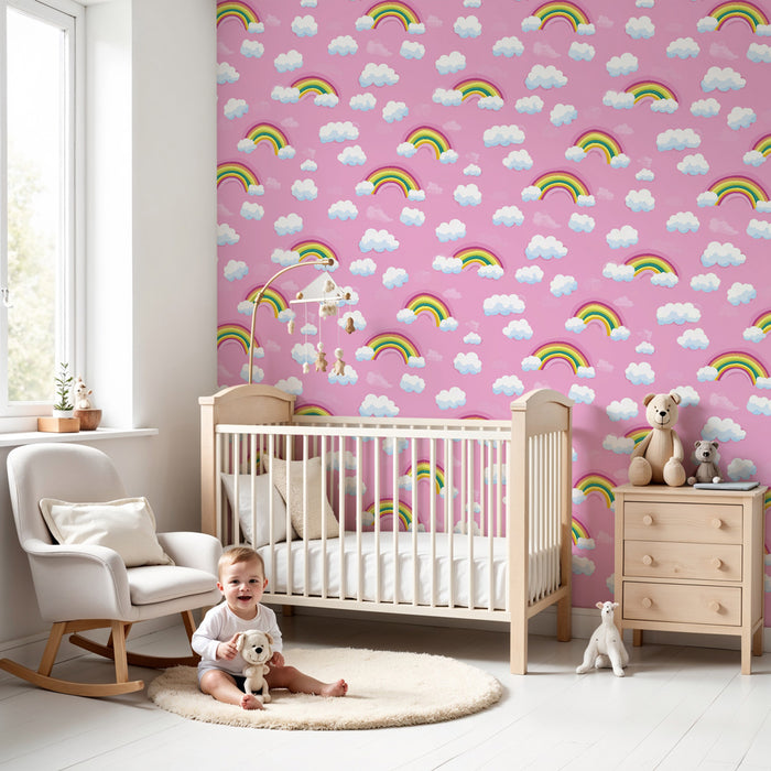 Papier peint chambre enfant à motifs | Arc-en-ciel sur fond rose doux