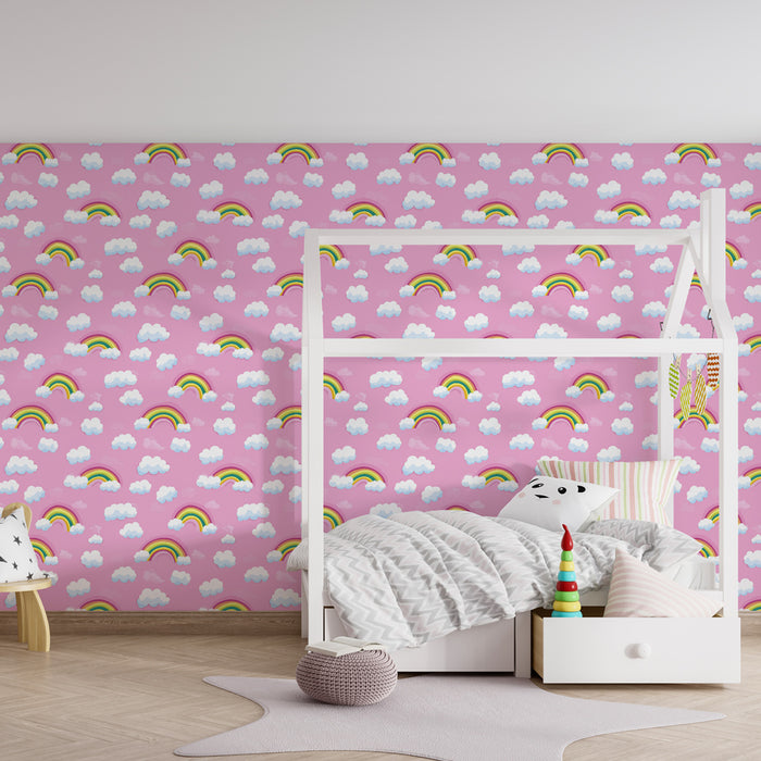 Papier peint chambre enfant à motifs | Arc-en-ciel sur fond rose doux