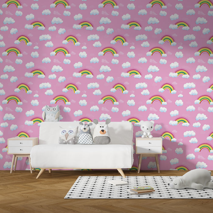 Papier peint chambre enfant à motifs | Arc-en-ciel sur fond rose doux
