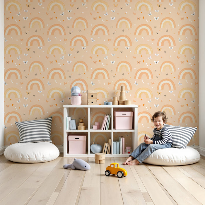 Papier peint chambre enfant à motifs | Arcs-en-ciel doux et papillons colorés