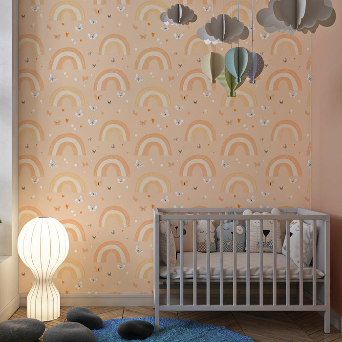 Papier peint chambre enfant à motifs | Arcs-en-ciel doux et papillons colorés