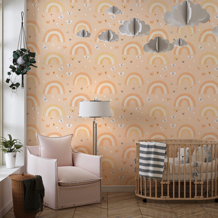 Papier peint chambre enfant à motifs | Arcs-en-ciel doux et papillons colorés