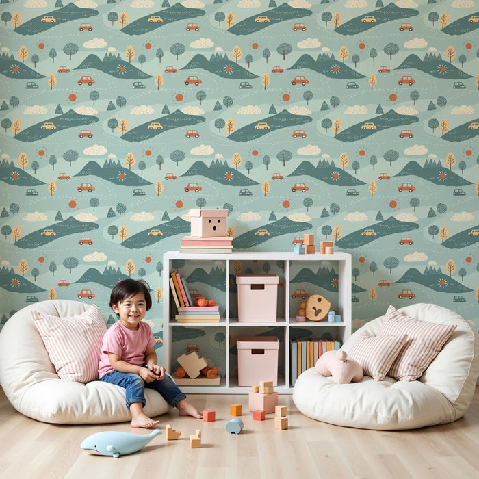 Papier peint chambre enfant à motifs | Aventure en pleine nature avec voitures et paysages