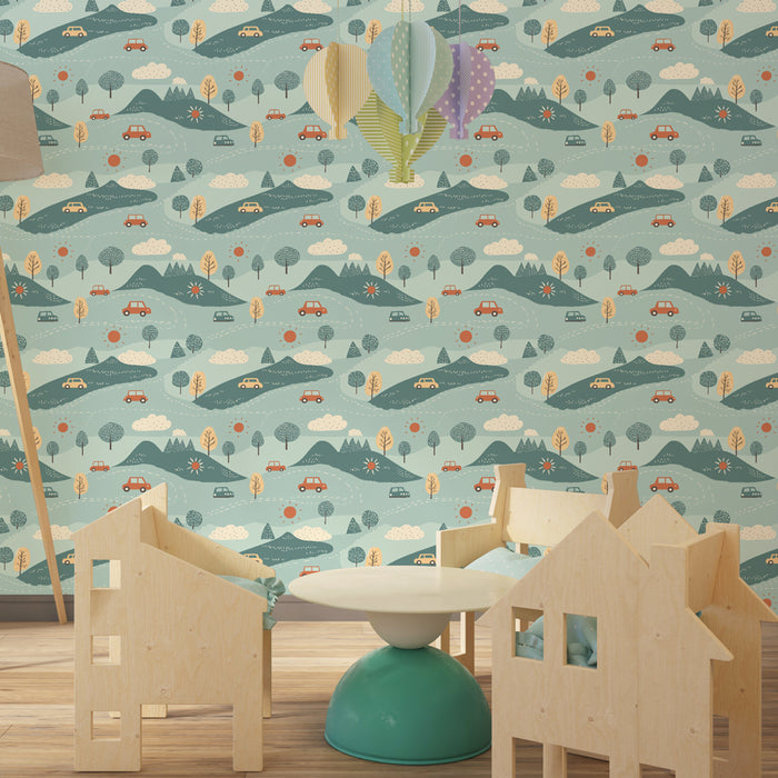 Papier peint chambre enfant à motifs | Aventure en pleine nature avec voitures et paysages