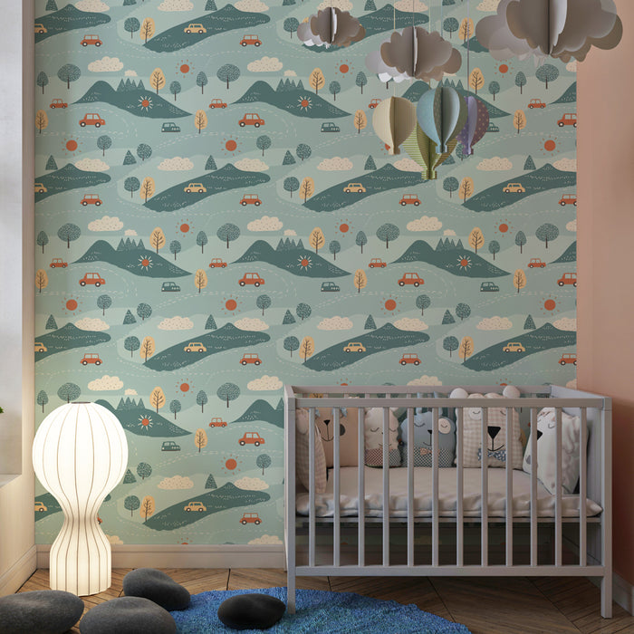 Papier peint chambre enfant à motifs | Aventure en pleine nature avec voitures et paysages