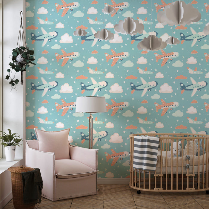 Papier peint chambre enfant à motifs | Avions colorés dans un ciel lumineux
