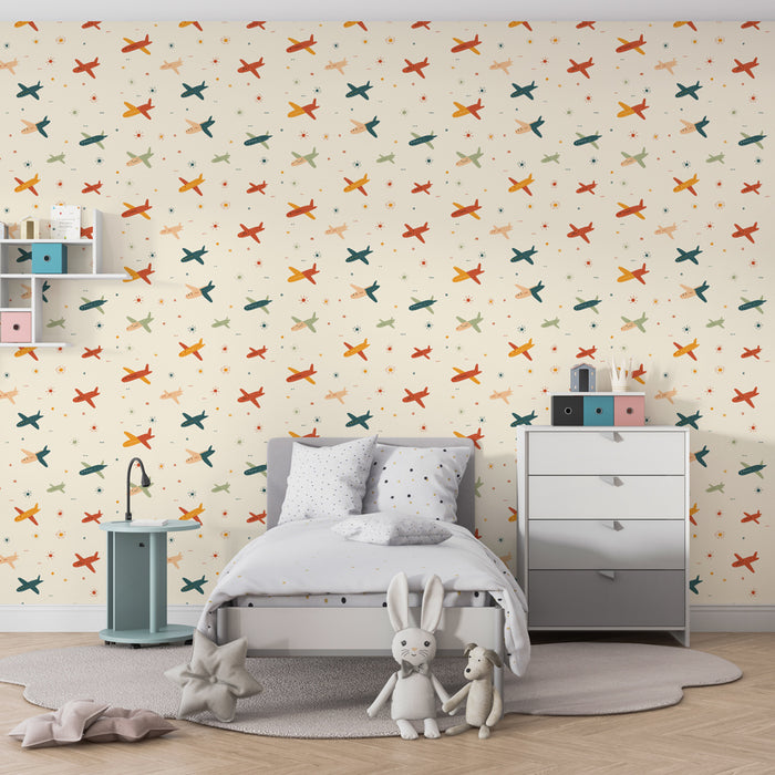 Papier peint chambre enfant à motifs | Avions colorés sur fond crémeux