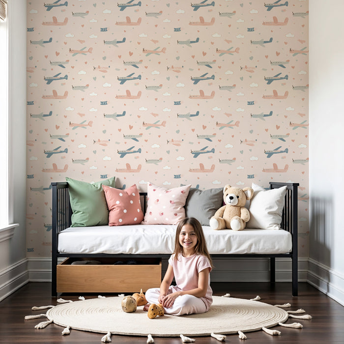 Papier peint chambre enfant à motifs | Avions mignons sur fond pastel