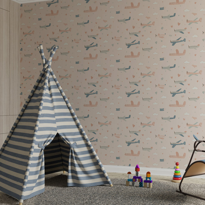 Papier peint chambre enfant à motifs | Avions mignons sur fond pastel