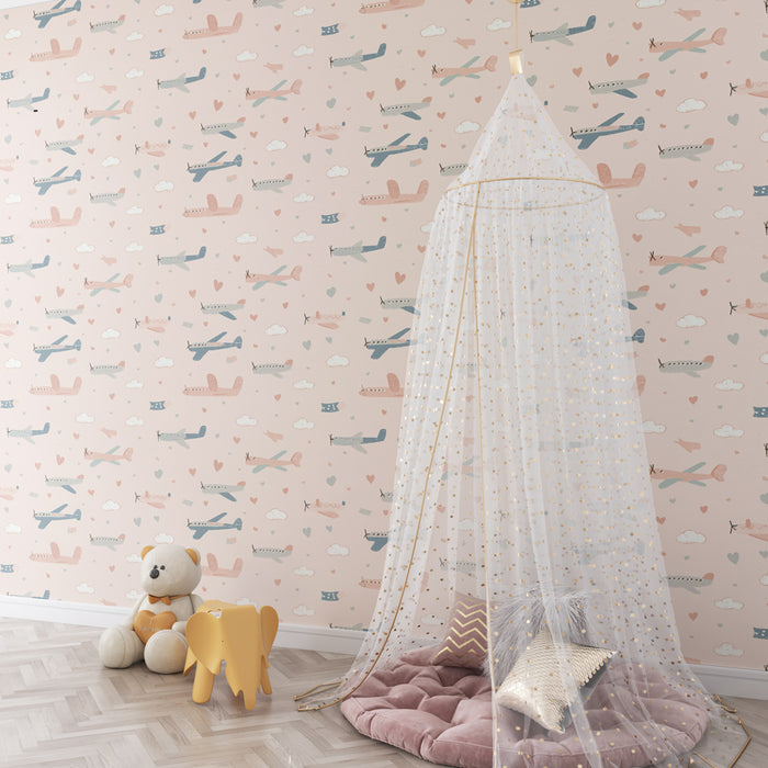 Papier peint chambre enfant à motifs | Avions mignons sur fond pastel