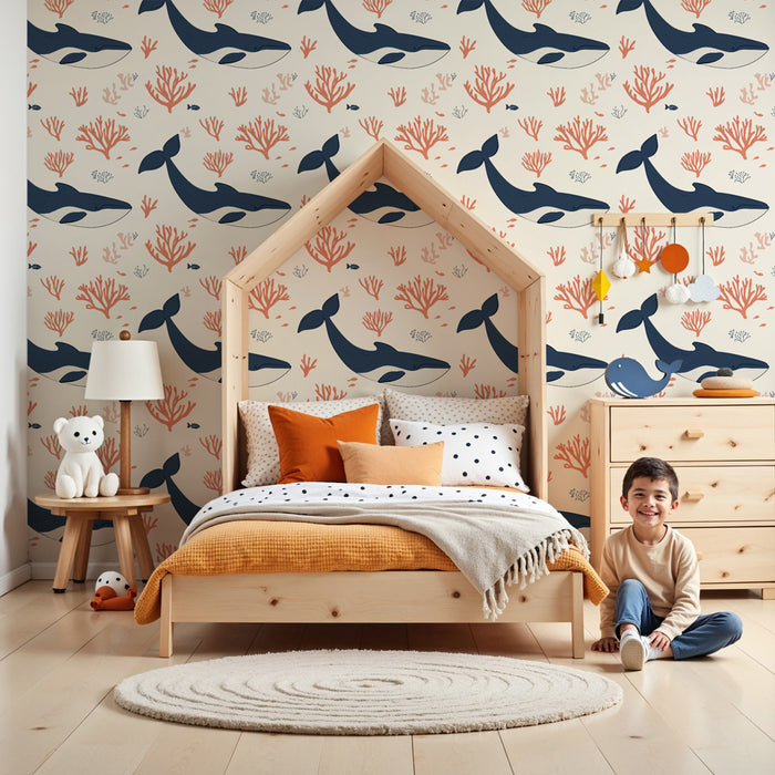 Papier peint chambre enfant à motifs | Baleines et coraux dans un océan apaisant