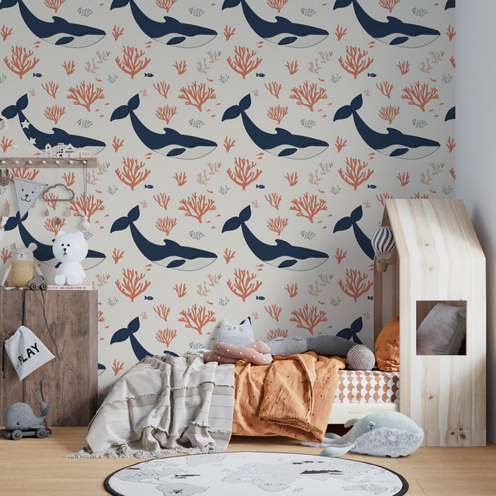 Papier peint chambre enfant à motifs | Baleines et coraux dans un océan apaisant