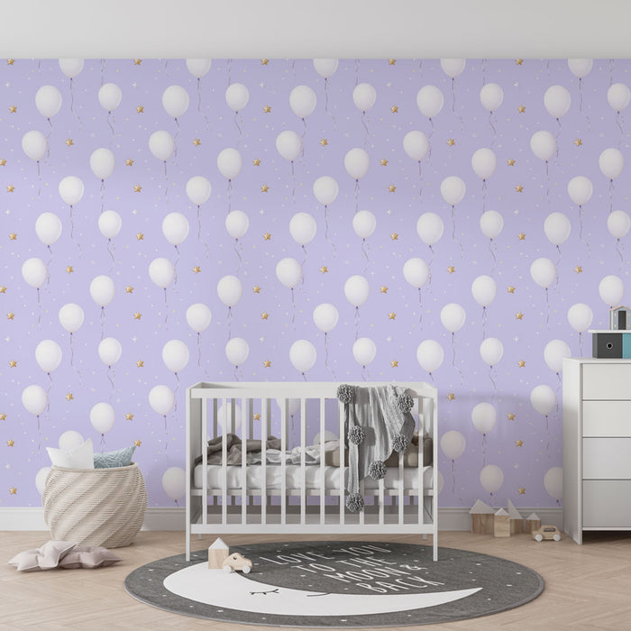 Papier peint chambre enfant à motifs | Ballons blancs sur fond lavande
