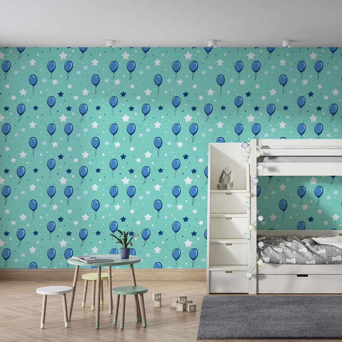 Papier peint chambre enfant à motifs | Ballons bleus et étoiles scintillantes