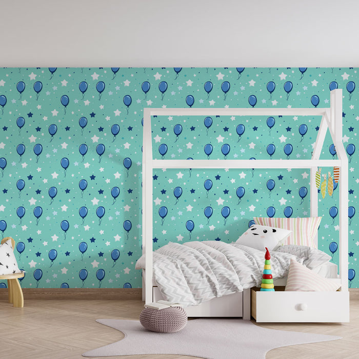 Papier peint chambre enfant à motifs | Ballons bleus et étoiles scintillantes