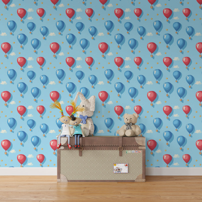 Papier peint chambre enfant à motifs | Ballons colorés dans un ciel bleu clair