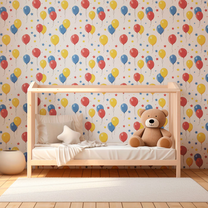 Papier peint chambre enfant à motifs | Ballons colorés et étoiles festives