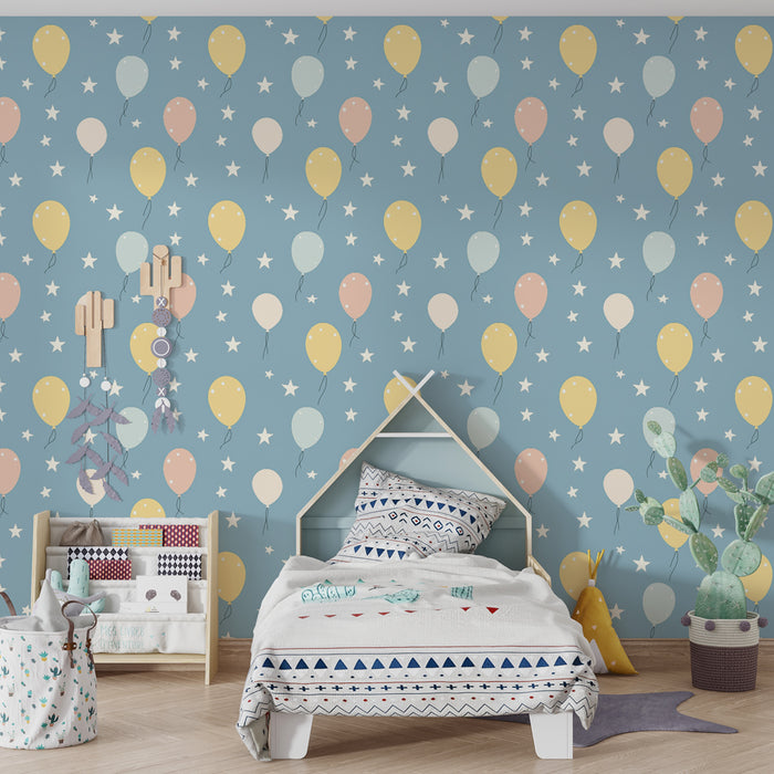 Papier peint chambre enfant à motifs | Ballons colorés sur fond bleu