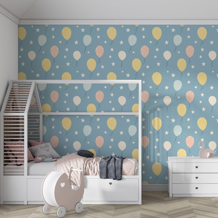 Papier peint chambre enfant à motifs | Ballons colorés sur fond bleu