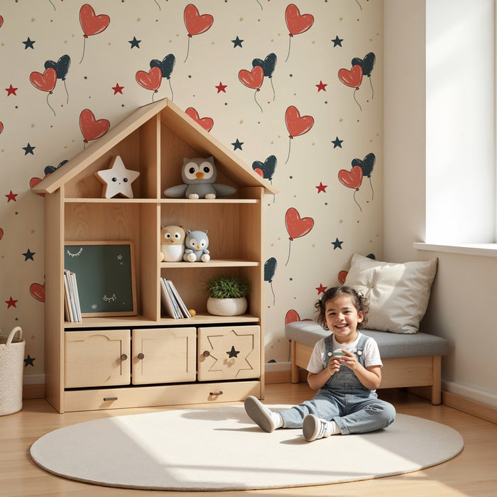 Papier peint chambre enfant à motifs | Ballons en forme de cœur et étoiles colorées