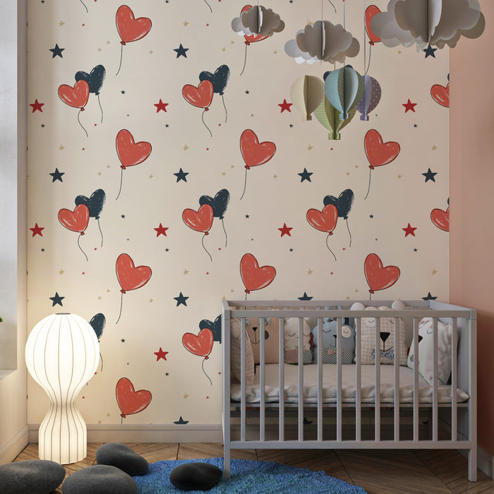 Papier peint chambre enfant à motifs | Ballons en forme de cœur et étoiles colorées