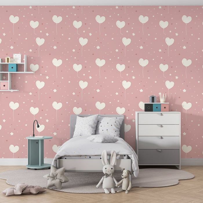 Papier peint chambre enfant à motifs | Ballons en forme de cœur sur fond rose