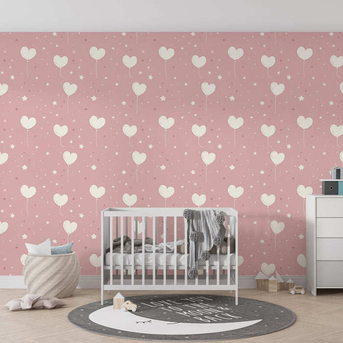 Papier peint chambre enfant à motifs | Ballons en forme de cœur sur fond rose