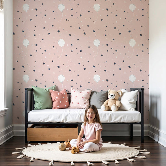 Papier peint chambre enfant à motifs | Ballons et étoiles sur fond rose