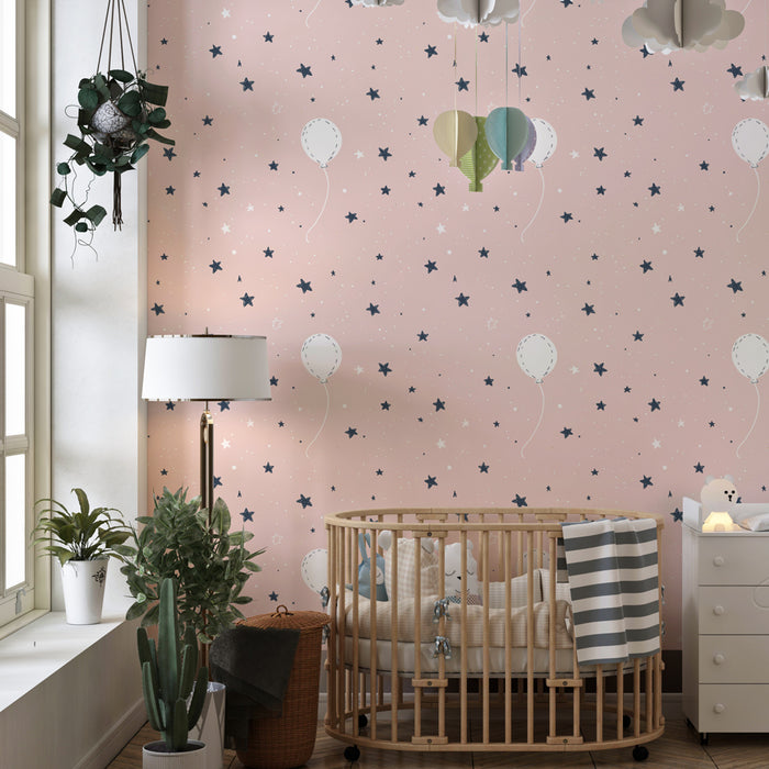 Papier peint chambre enfant à motifs | Ballons et étoiles sur fond rose