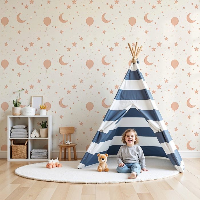 Papier peint chambre enfant à motifs | Ballons, étoiles et lunes douces